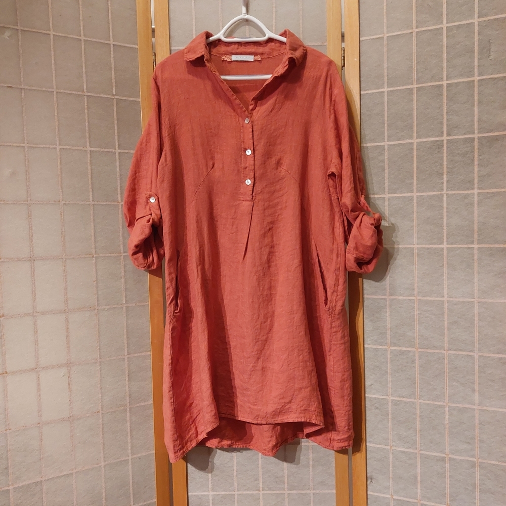 Ornella Paris soft red linen shirt dress, size 2XL (euro?) NWOT